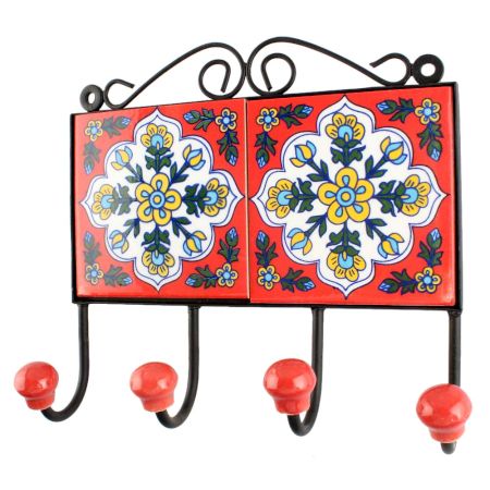 Red Base White Floral Ceramic Tile Hook